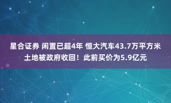星合证券 闲置已超4年 恒大汽车43.7万平方米土地被政府收回！此前买价为5.9亿元